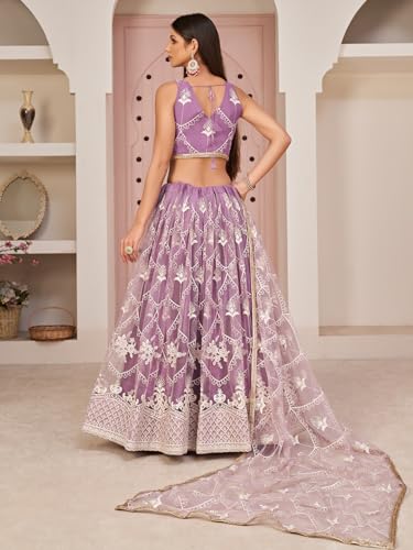 Zeel Clothing Womens Net Lehenga Choli Semi-Stitched Purple Free Size