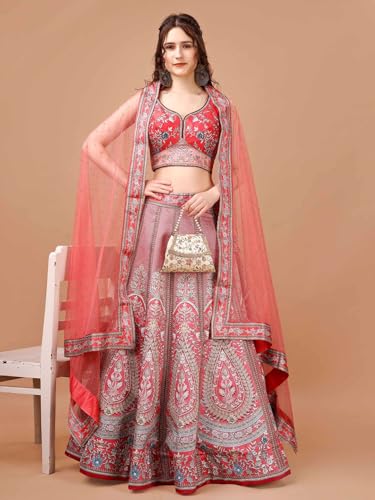 SAPTRANGI Women's Printed Ready to Wear Lehenga & Blouse with Dupatta (Pink & Grey, XS)