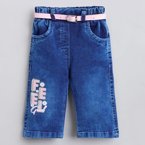 Hopscotch Girls Short Sleeves Pink 2-Pc Typographic Blouse & Denim Jeans (6-12 Months)
