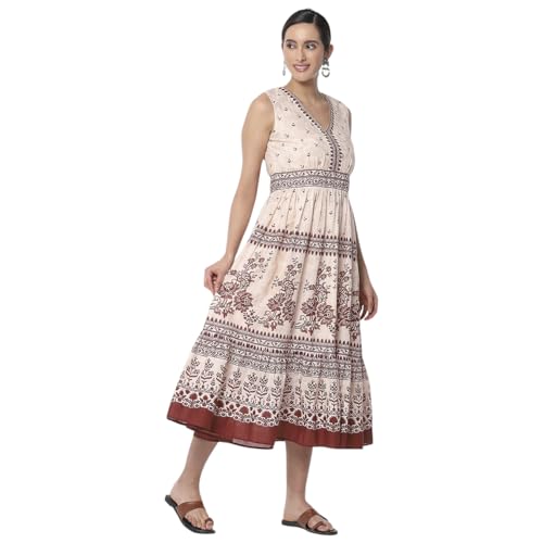 Biba Women's Cotton Tiered Mid-Calf Length Casual Dress (WABISABI3015SS25WHTRST_White-Rust