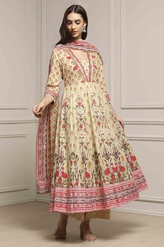 Biba Women Off White-Pink Cotton Anarkali Printed Suit Set_38