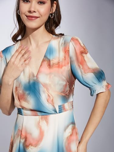 Latin Quarters Women Orange V-Neck Half Sleeve Printed A-Line Dress_XL