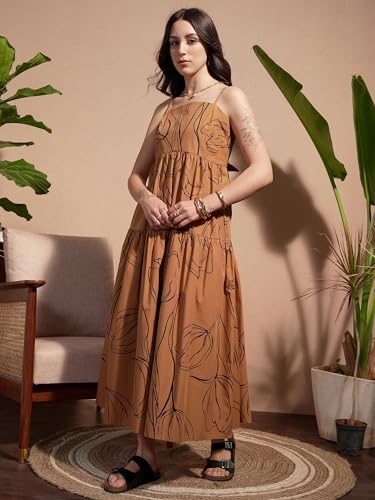 Vishudh Women Sleeveless Tie Neck Dress VVa1000070 Brown L