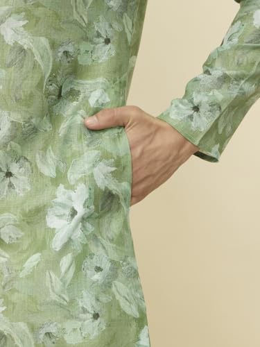 Manyavar Men's Sage Green Floral Printed Kurta (L)
