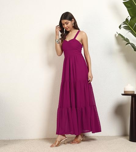 DEEBACO Women's Georgette Dobby Strappy Tiered Maxi Dress|Sleeveless|Sweetheart Neck|Casual Trending Fashion Long One Piece Dresses Women Western(DBDR00002280_M_Magenta)