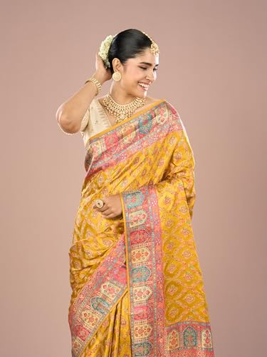 MOHEY Women's Satin Weave Saree with Blouse Piece(Mustard Yellow)