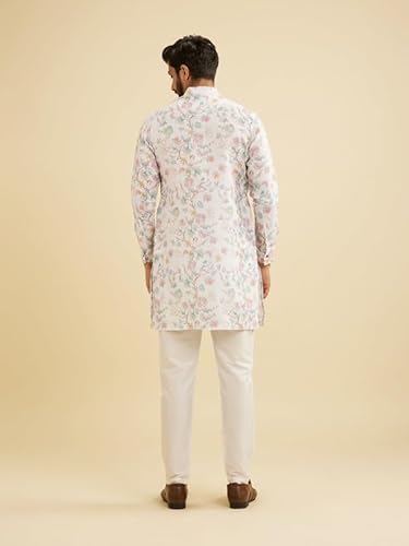 Manyavar Blended Cotton Men's Floral Print Kurta (Cream,XL)