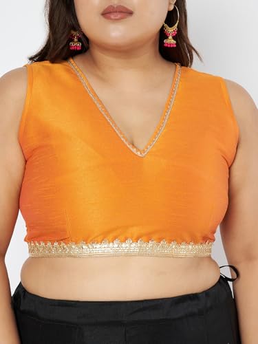 studio rasa Women's Plus Size Silk Blend Embellished Readymade Saree Blouse for Festive Wedding Party (TPWPC225BL02XXL_Orange_2XL)