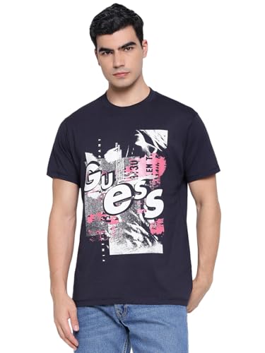 GUESS Mid Organic Stream Smart Blue Graphic Round Neck Regular Fit T-Shirt