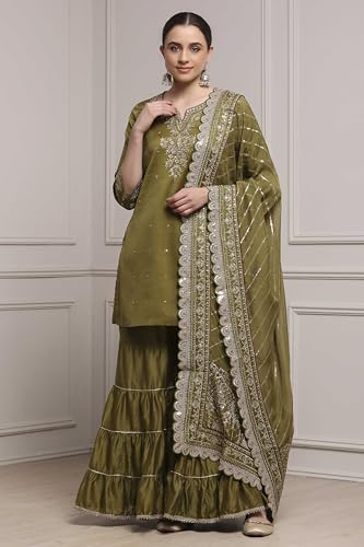 Biba Women Mehndi Green Cotton Silk Straight Suit Set_38