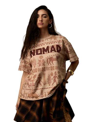 The Souled Store Nomad: Indus Brown Women and Girls Short Sleeves Round Neck Light Brown Ethnic Print Cotton Breathable Lightweight Streetwear Oversized T-Shirt