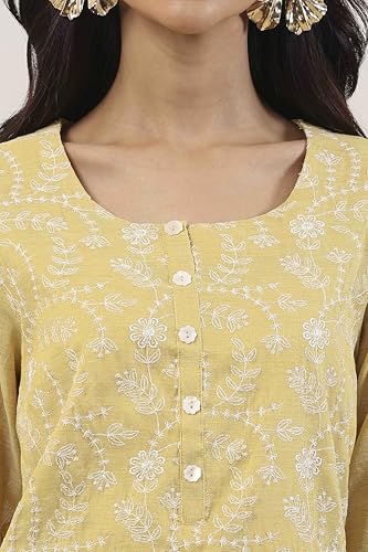 Biba Women Yellow Zari Cotton Tissue Straight Suit Set_32