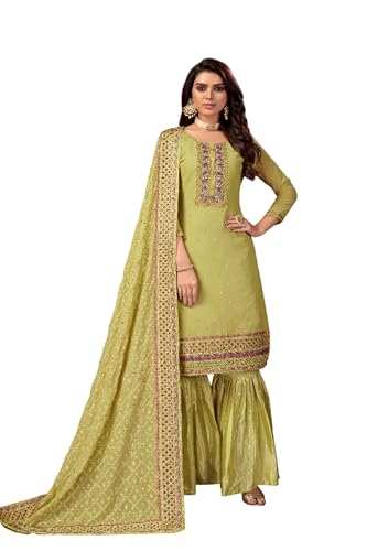 VARNI FABRICS: A lady's First Love Georgette Designer Sharara Suit Set, Light Green with Embroidered Yoke, santoon Palazzo and Dupatta with Sequin Border(Zeeya-Erina-1402)