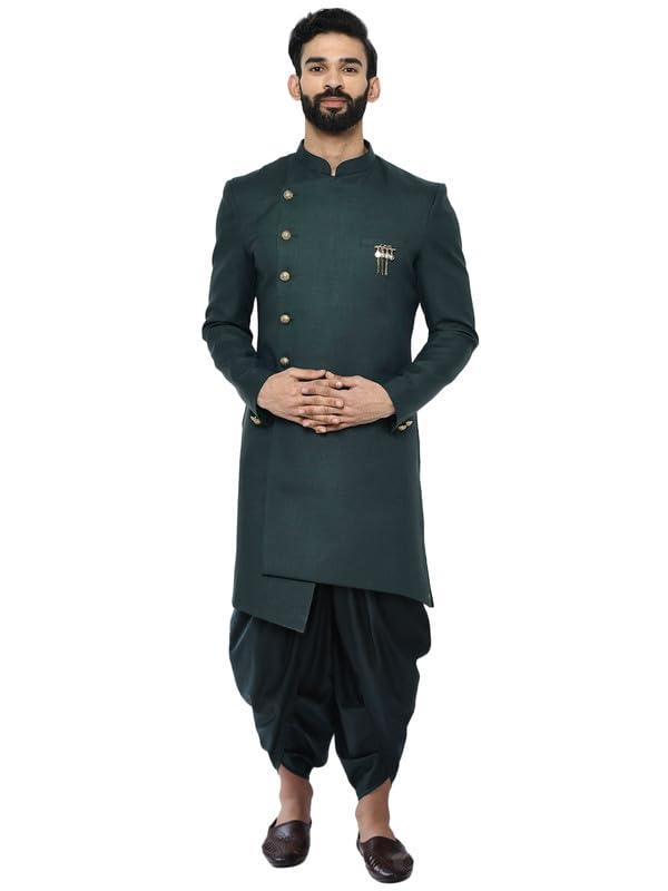 KISAH Men's Indo-Western Sherwani Dhoti Set, Green Cotton Blend, Solid Dyed Regular Fit Long Sleeves Mandarin Collar (42)