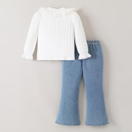 Hopscotch Girls White Full Sleeves 2-Pc Floral Applique Jeans Set For Age (5-6 Years)