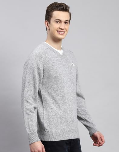 Monte Carlo Lt Grey Mix Solid V Neck Sweater | Warm Woolen Pullover for Men | Soft Comfortable Knitted Winter Wear Sweater for Men's