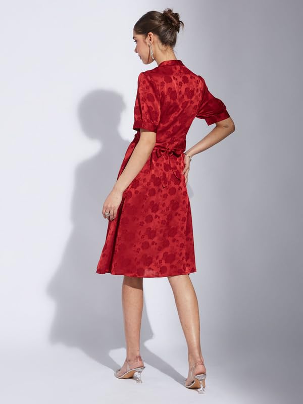 Latin Quarters Women Maroon V-Neck Half Sleeve Printed A-Line Dress_XL