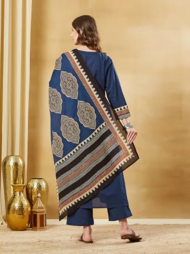 Divena Pink Ajrakh Print Cotton V-Neck Kurta Sets with Dupatta