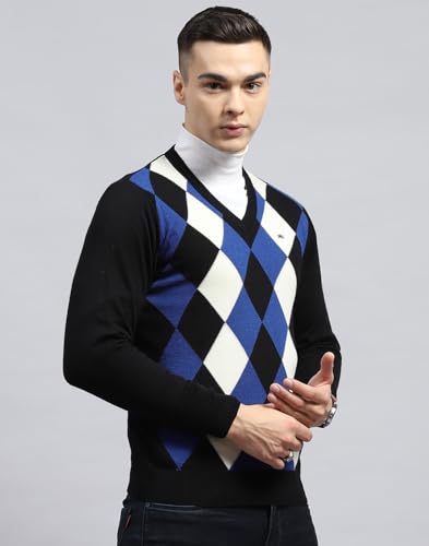 Monte Carlo Mens Black Geometric V Neck Full Sleeve Pullover (1236030VN-1-42)
