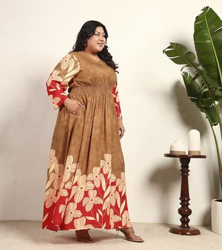 DEEBACO Women's Plus Size Floral Placement Print Rayon Ankle Length Smocked A-Line Dress|3/4 Sleeve|Casual Trending Stylish Long One Piece Dresses Women Western(DBDRP00002318_3XL_Brown)