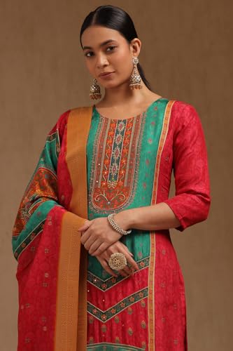 Soch Womens Fuchsia Brocade Floral Print Suit Set With Sequins