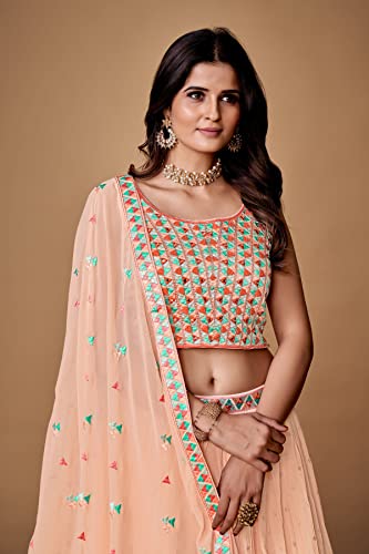 FUSIONIC Thread With Pearl Peach Ruffle Lehenga