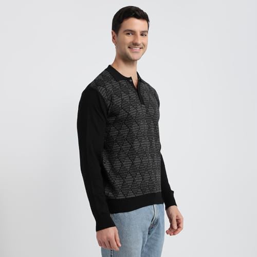 Raymond Men Contemporary Fit Argyle Pattern Merino Wool Acrylic Blend Polo Neck Full Sleeve Casual Sweater Black