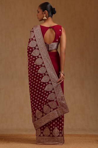 Soch Womens Fuchsia Georgette Embroidered Saree With Stone Work