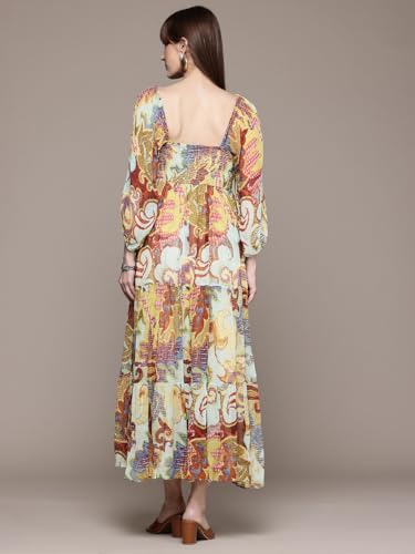 Label RITU KUMAR Ecru Multi Francis Sweetheart Neck Long Dress