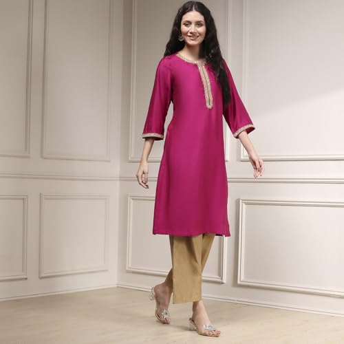Biba Women Wine Polyester Blend Straight Solid Kurta_34