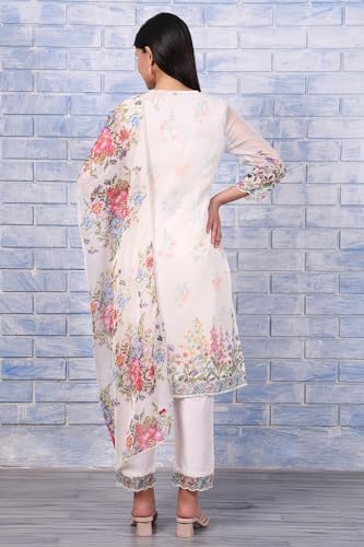W for Woman White Floral Printed Beads Organza Straight Kurta, Straight Pant and Dupatta Set (Size: L)-WS12975-122012