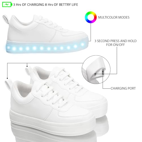 LENSBURY Rechargable LED Lights Party Dance Shoes with USB Charging for Women Girls and Children White