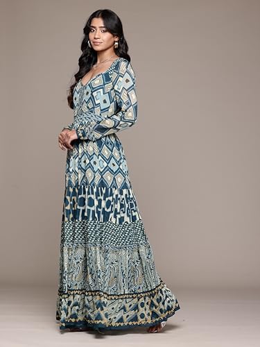 Ritu Kumar Sweetheart Neck Full Sleeves Long Dress Blue