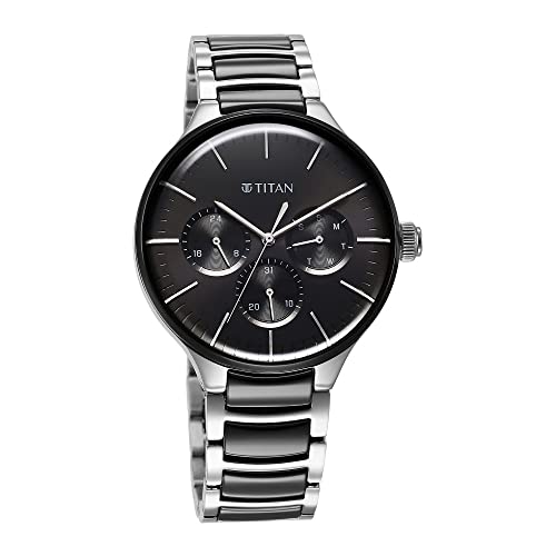 Titan Ceramic Fusion Quartz Multifunction Black Dial Two Toned Silver and Black Stainless Steel Bracelet Watch for Men - NT90148KD01