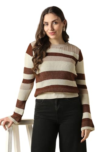 Women Beige Stripe Round Neck Casual Sweater