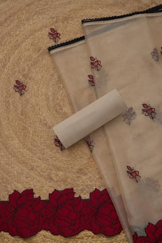 Soch Womens Beige Organza Embroidered Unstitched Dress Material With Thread Work