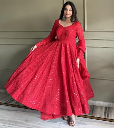 Leeli Peeri Designer Georgette Lucknowi Sequence Work Anarkali Kurta Set With Dupatta..