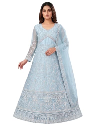 JULEE Women's Net Embroidered Semi-Stitched Gown Cross Gown Firozi-GEM