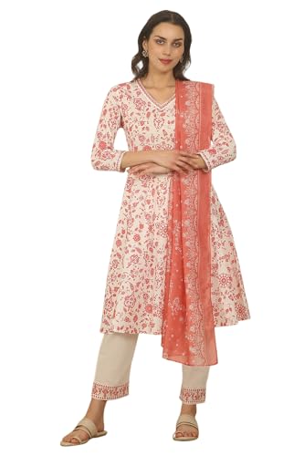 W for Woman White and Orange Floral Printed Pure Cotton Flared Kurta, Pants and Dupatta Set (Size: S)-WS12726-125580