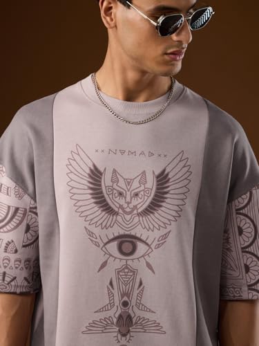 The Souled Store Nomad: Tell Me Men and Boys Short Sleeves Round Neck Mauve Graphic Printed Comfortable Casual Drop Shoulder Streetwear Trendy Super Oversized T-Shirt