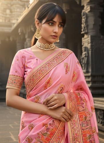 Glory Sarees Women's Pashmina Dola Silk Lagdi Patta Saree With Blouse Piece (Pashmina_Silk106_Pink)
