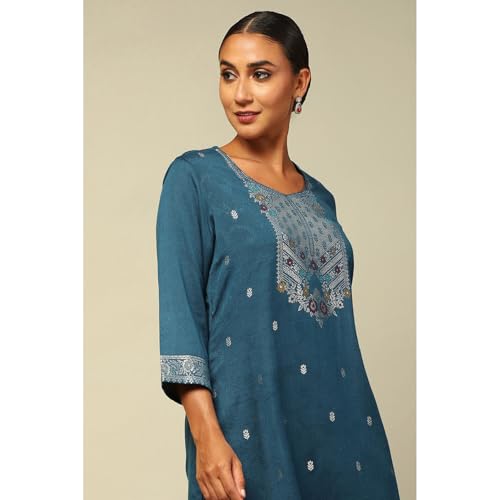 Rangriti Women's Acrylic Kurta Set (WNTRWR19647AW24PTRLBLU_Petrol Blue