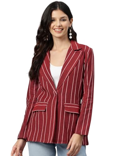 Cottinfab Women Maroon & White Striped Single-Breasted Pure Cotton Casual Blazer