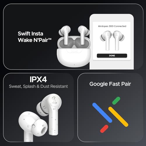 boAt Airdopes 300, Cinematic Spatial Audio, 50HRS Battery, 4Mic AI ENx, Fast Charge, App Support, Low Latency, IPX4, v5.3 Bluetooth TWS in Ear Earbuds Wireless Earphones with mic (Chrome White)