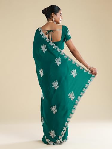 AKHILAM Women's Teal green Pure Chiffon Ethnic Motif Embellished Saree With Unstitched Blouse Piece (ANIKA2302_AG)