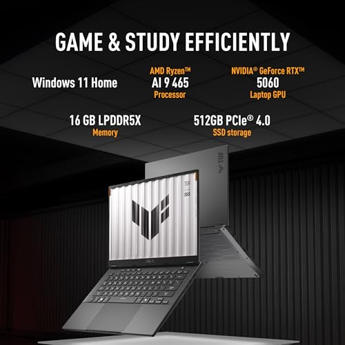 ASUS TUF A14 (2026),AMD Ryzen AI 9 465,RTX 5060-8GB,16GB RAM,512GB SSD,FHD+,14"(35.5 cm),165Hz,Windows 11 Home,M365 Basic(1Y),Office 2024,Jaeger Gray,1.4 Kg,FA401GM-RG038WS,Gaming Laptop