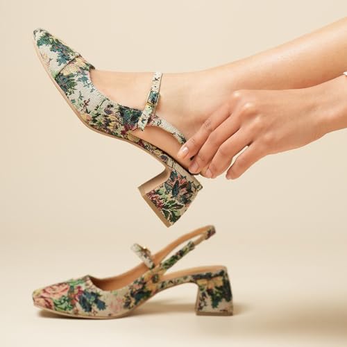 Theater Women Twiggy Multi-Color Floral Mary Jane Heels | Square Toe Slingback Block Heel Sandals with Adjustable Strap | Comfortable & Stylish Shoes for Office, Party & Casual Wear