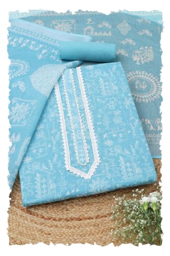 Soch Womens Powder Blue Linen Warli Dress Material