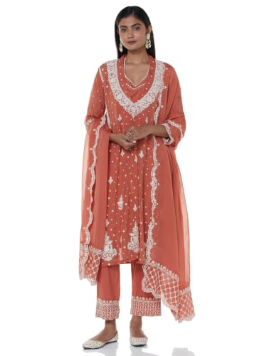 Biba Women Burnt Orange Viscose Kalidar Dyed Kurta Set_42