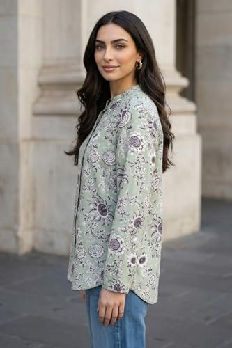 W for Woman Green Floral Printed Straight Shirt - (W31488-127120-XXL)